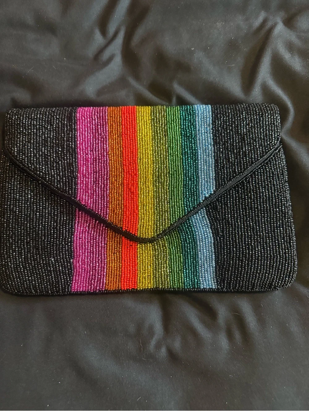 Black Beaded Rainbow Stripe Envelope Clutch
